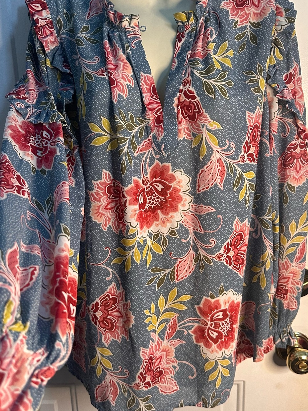 LOFT Blue Floral Tie-Neck Tunic with Pink and Yellow Accents